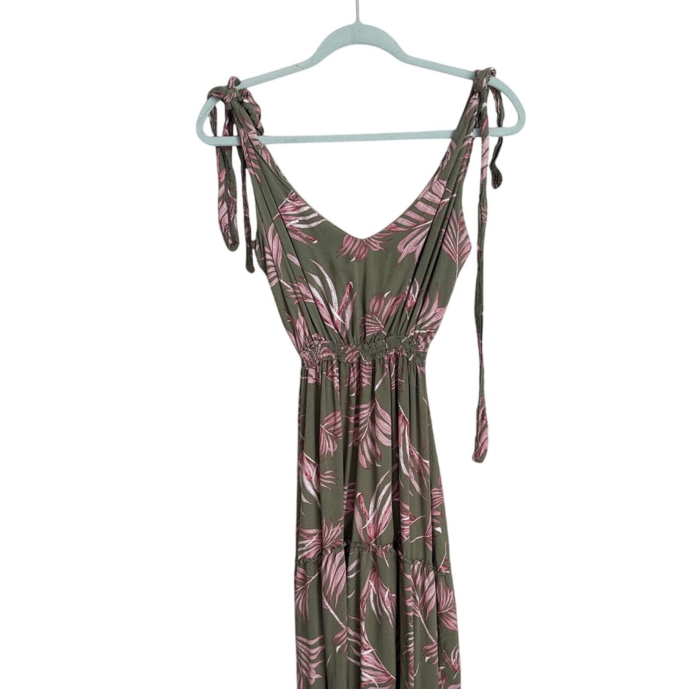 Tropical Leaf Print Maxi Dress Olive Green Pink Tie Shoulder Smocked Tiered